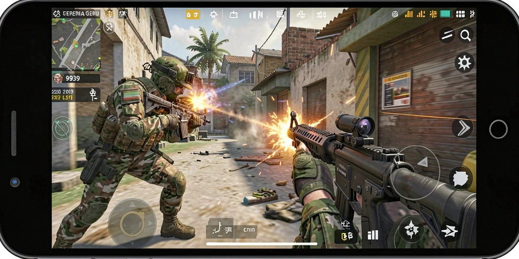 Screenshot gameplay 9939 menampilkan aksi menembak yang seru dan grafis menarik.