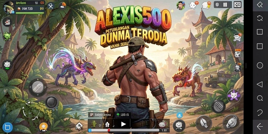 Screenshot utama ALEXIS500 dengan tampilan eksplorasi dunia terbuka.