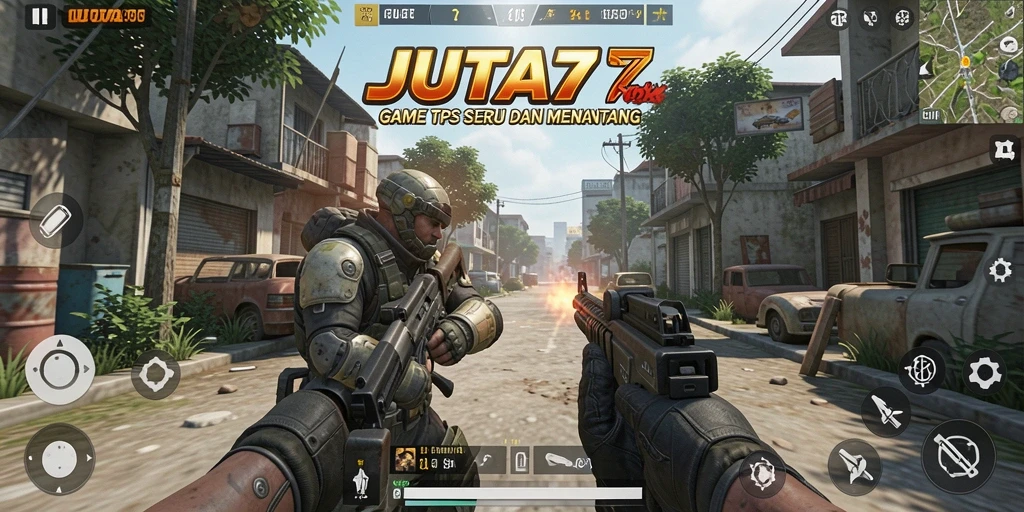 Screenshot gameplay JUTA7 menampilkan aksi tembak-menembak yang intens.