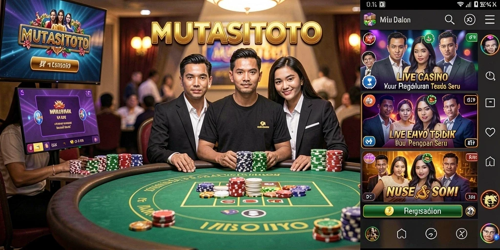 Screenshot gameplay <strong>MUTASITOTO</strong> menampilkan dealer langsung dan suasana kasino yang mendebarkan.