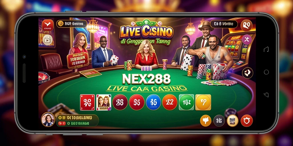 Screenshot gameplay NEX288 menampilkan suasana kasino yang hidup dan interaksi dealer.