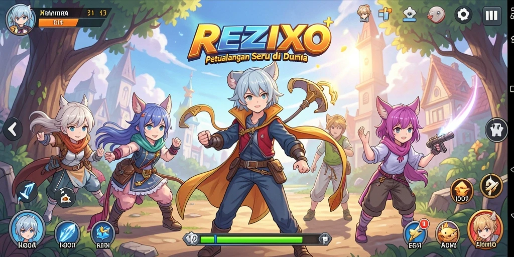 Tampilan menarik gameplay REZIXO dengan karakter anime yang dinamis.